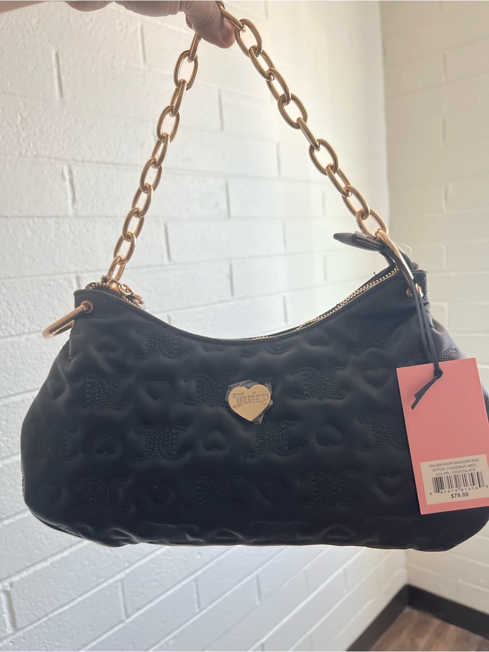 Juicy Couture Dark Chocolate Black Quilted Shoulder Bag with Gold Chain